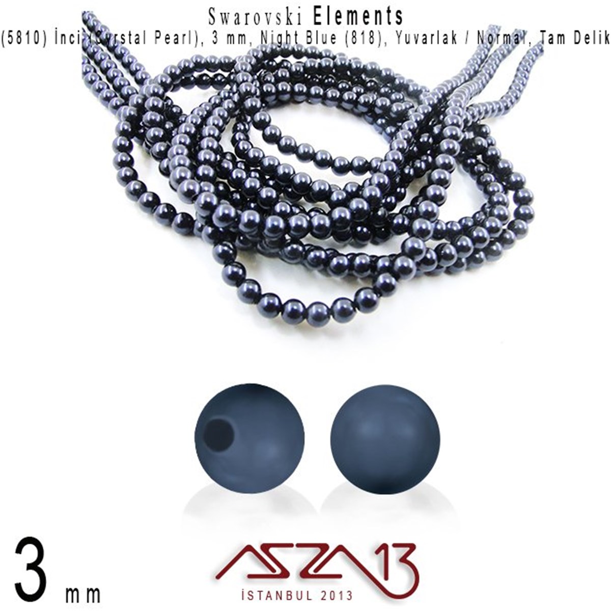 Swarovski Elements ÜrünleriSWAROVSKI®  ELEMENTSSwarovski5810-818 Crystal Night Blue Pearl 3 mm (İnci) / 50 Adet
