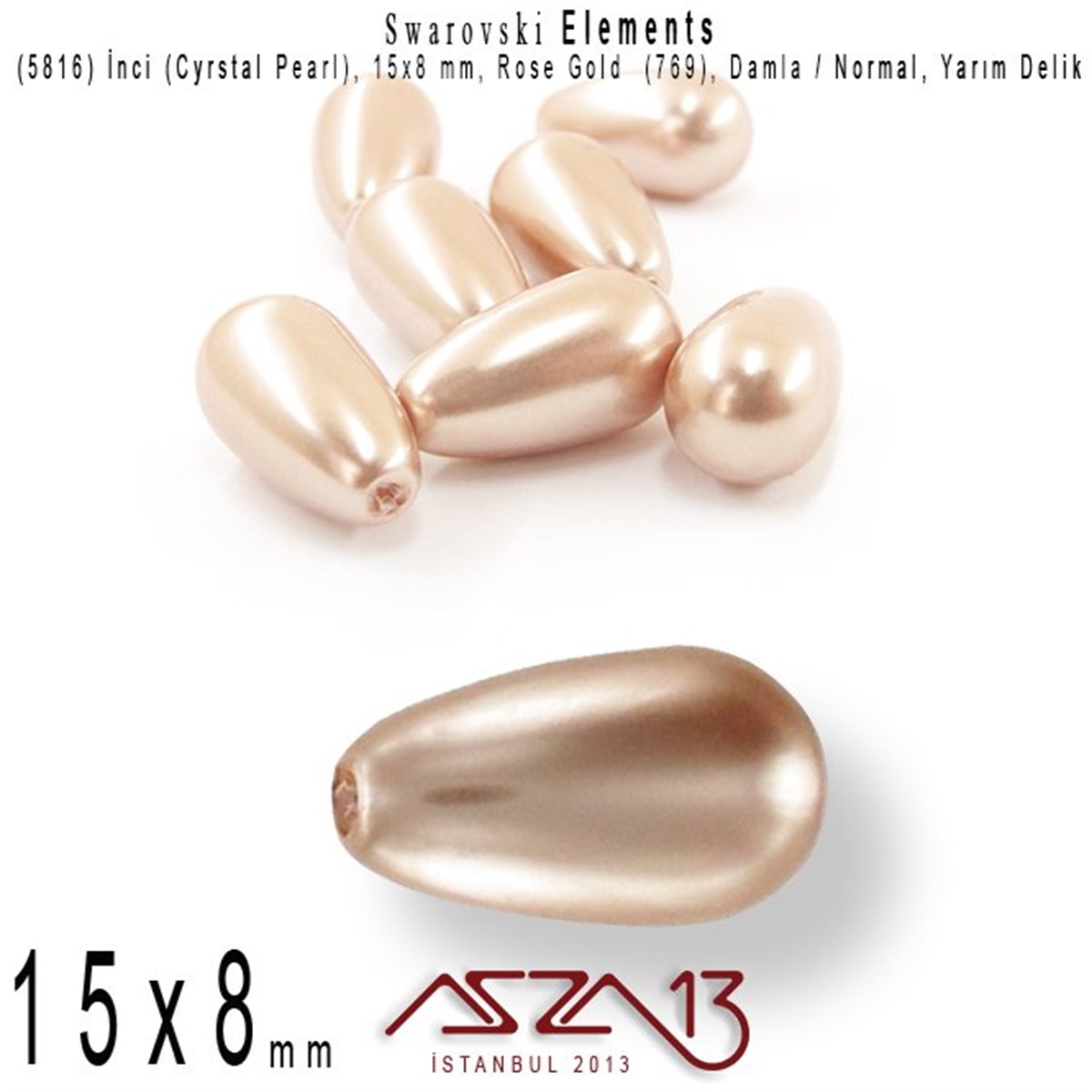 Swarovski Elements ÜrünleriSWAROVSKI®  ELEMENTSSwarovski5816-769 Crystal Rose Gold Pearl 15x8 mm  (Yarım Delik Damla İnci) / 2 Adet