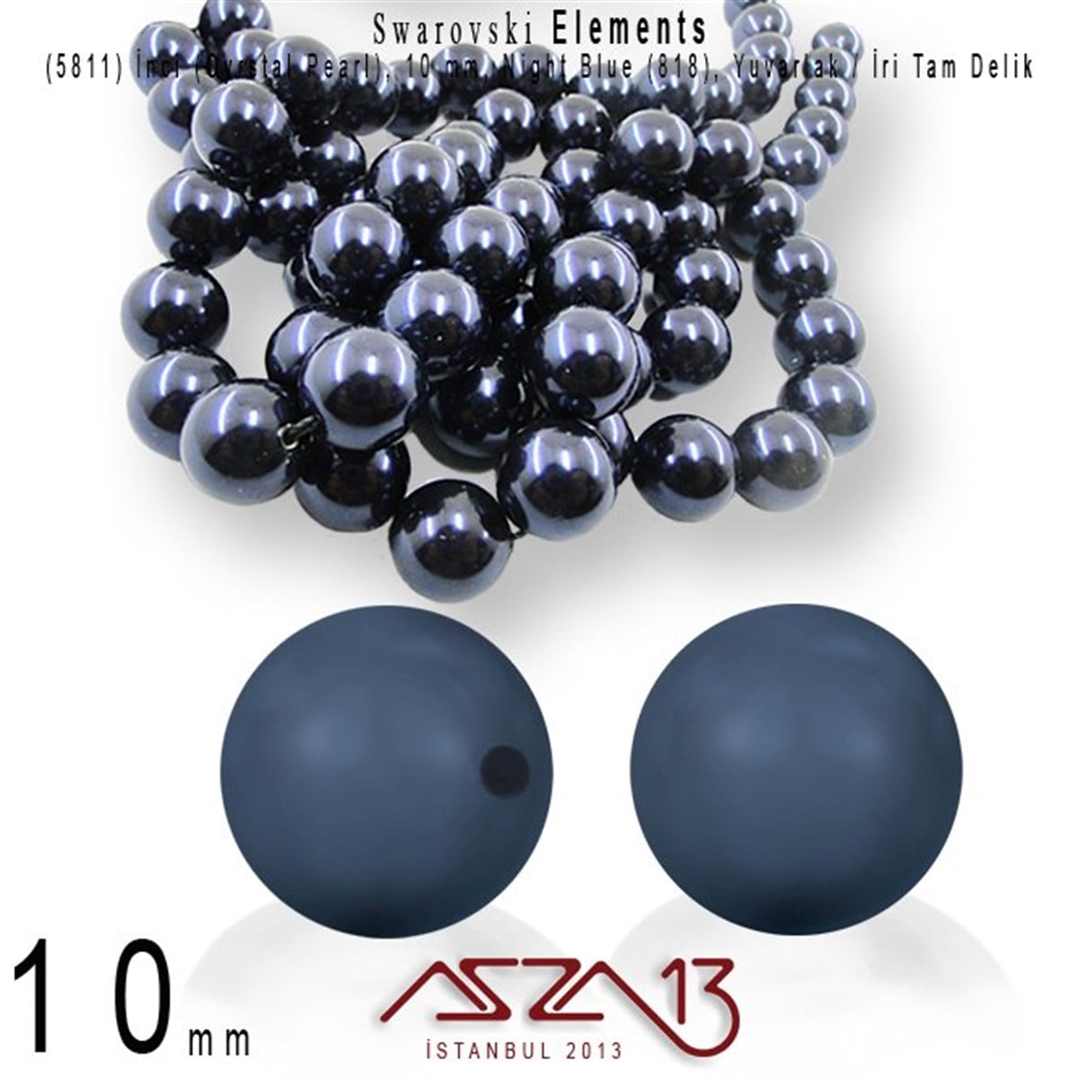 Swarovski Elements ÜrünleriSWAROVSKI®  ELEMENTSSwarovski5811-818 Crystal Night Blue Pearl 10 mm (İri Delik İnci) / 15 Adet