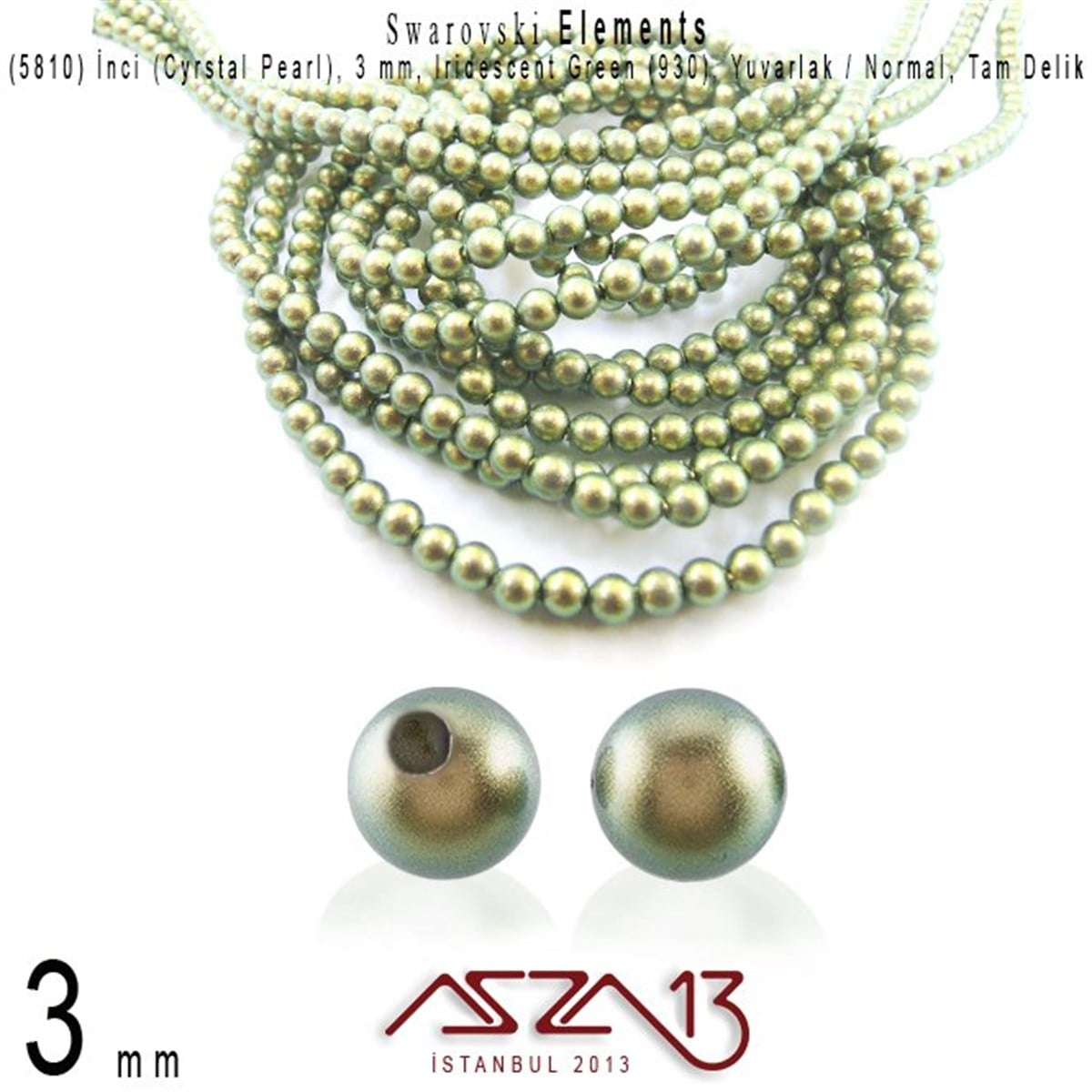 Swarovski Pearl (Kristal İnci)SWAROVSKI®  ELEMENTSSwarovski5810-930 Crystal Iridescent Green Pearl 3 mm (İnci) / 50 Adet