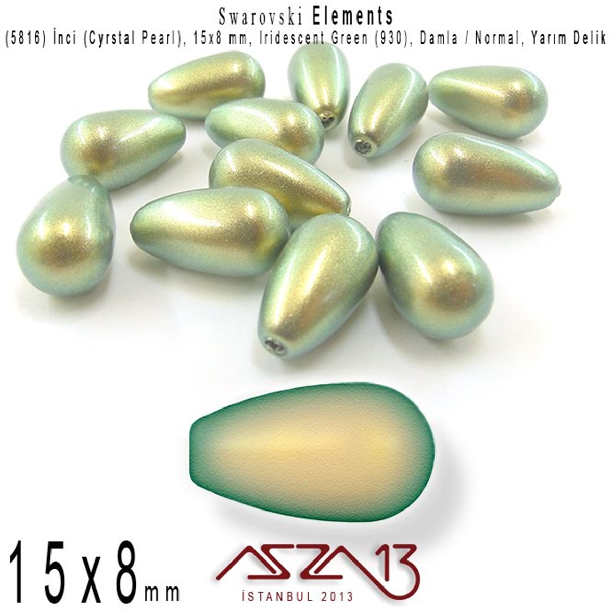 Swarovski Pearl (Kristal İnci)SWAROVSKI®  ELEMENTSSwarovski5816-930 Crystal Iridescent Green Pearl 15x8 mm (Yarım Delik Damla İnci) / 2 Adet