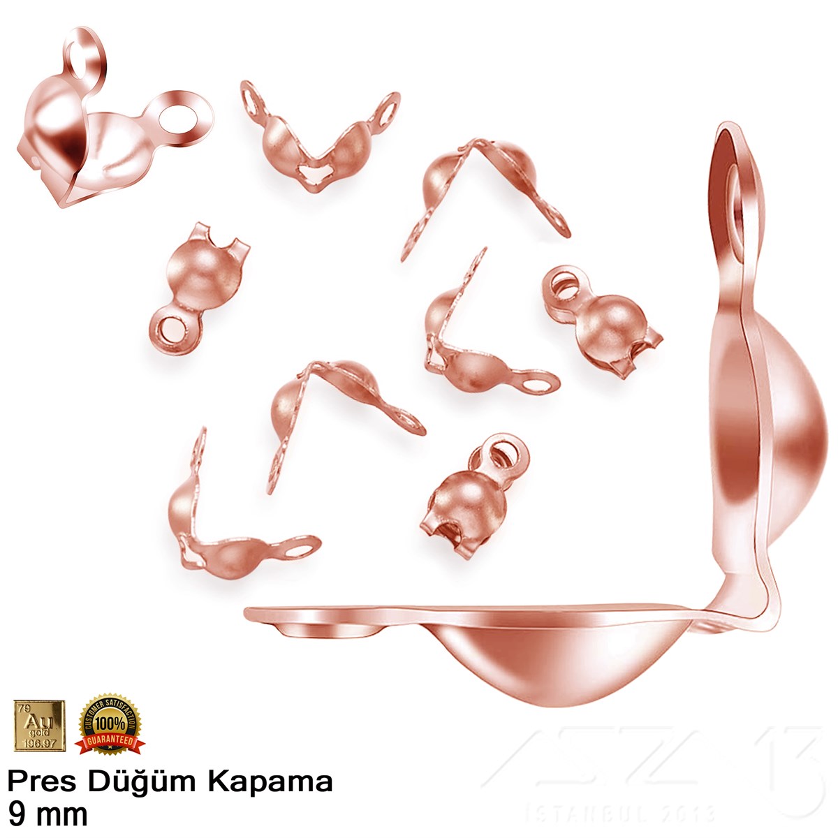Takı Malzeme / Kapama, Kapsül, Bit, Pin, İğne, Halka / Pres Düğüm KapamalarKapama, Kapsülazza1306.Tm.62.Kp.05Kapama (Düğüm) - Çift Kulp ve  Pres - 9 mm - Gerçek Rose Altın Kaplama / 20 Adet 