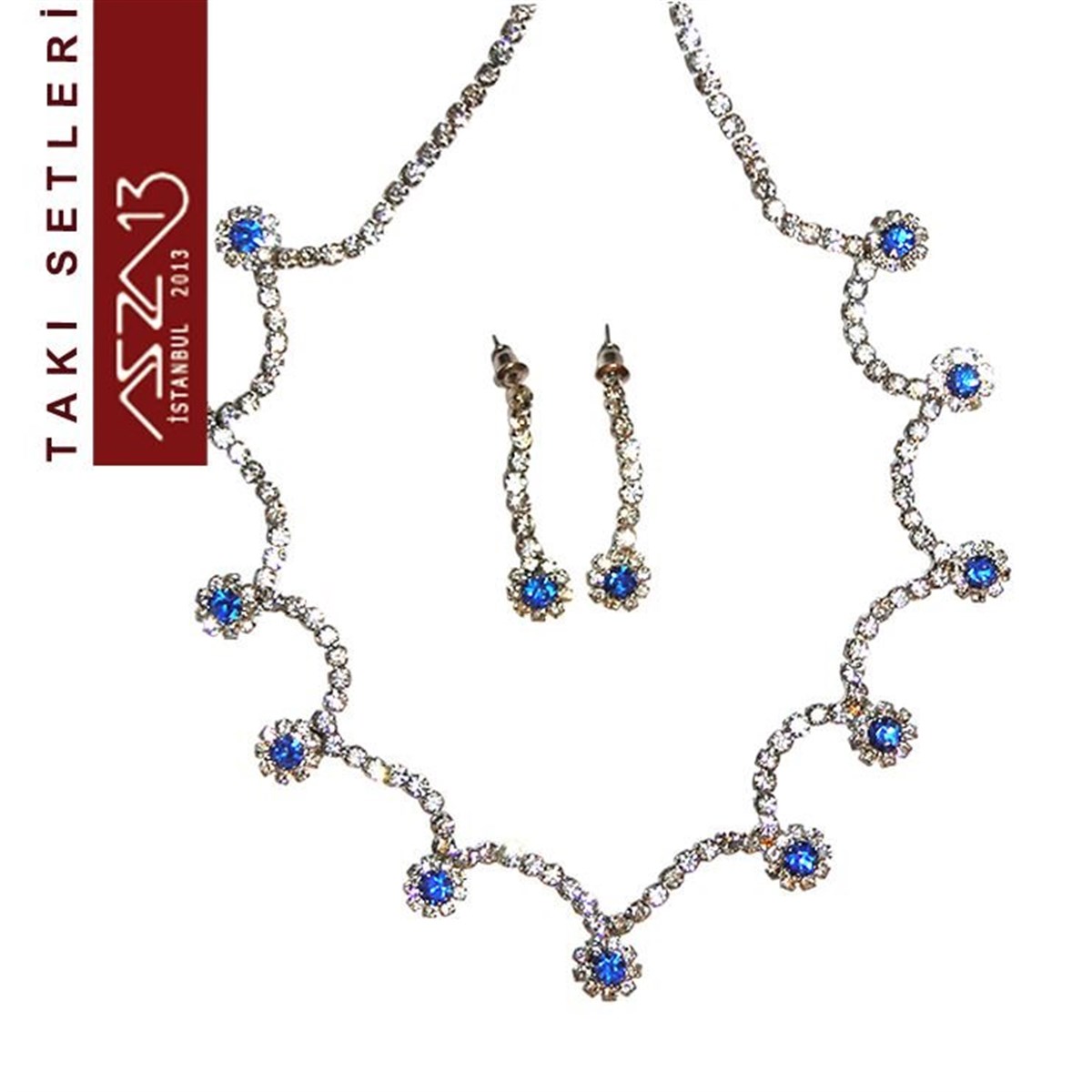 Takı Seti, Takı SetleriTAKIMarkasızGümüş Kaplama ve Şeffaf ve Safir Kristal Taşlı Küpe ve Kolye Takı Seti (Düğün Takısı)