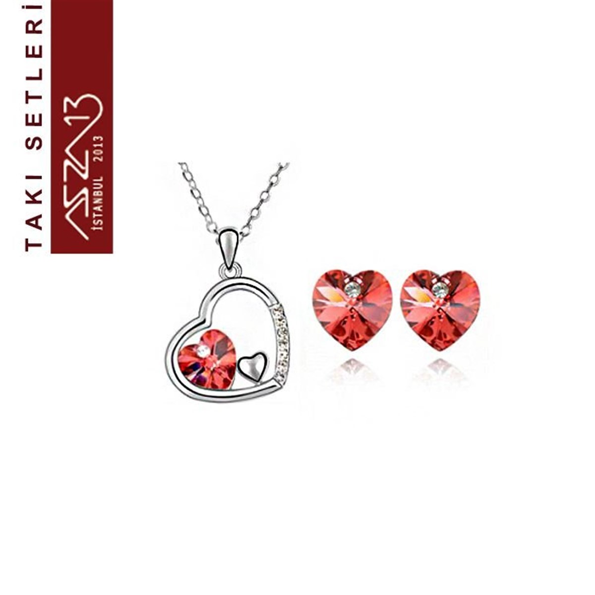 Takı SetiTAKIMarkasızRodyum Kaplama Swarovski Siam Kristal Taşlı Kolye ve Küpe Seti