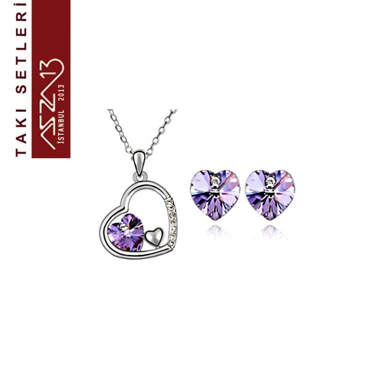 Takı SetiTAKIMarkasızRodyum Kaplama Swarovski Violet Kristal Taşlı Kolye ve Küpe Seti