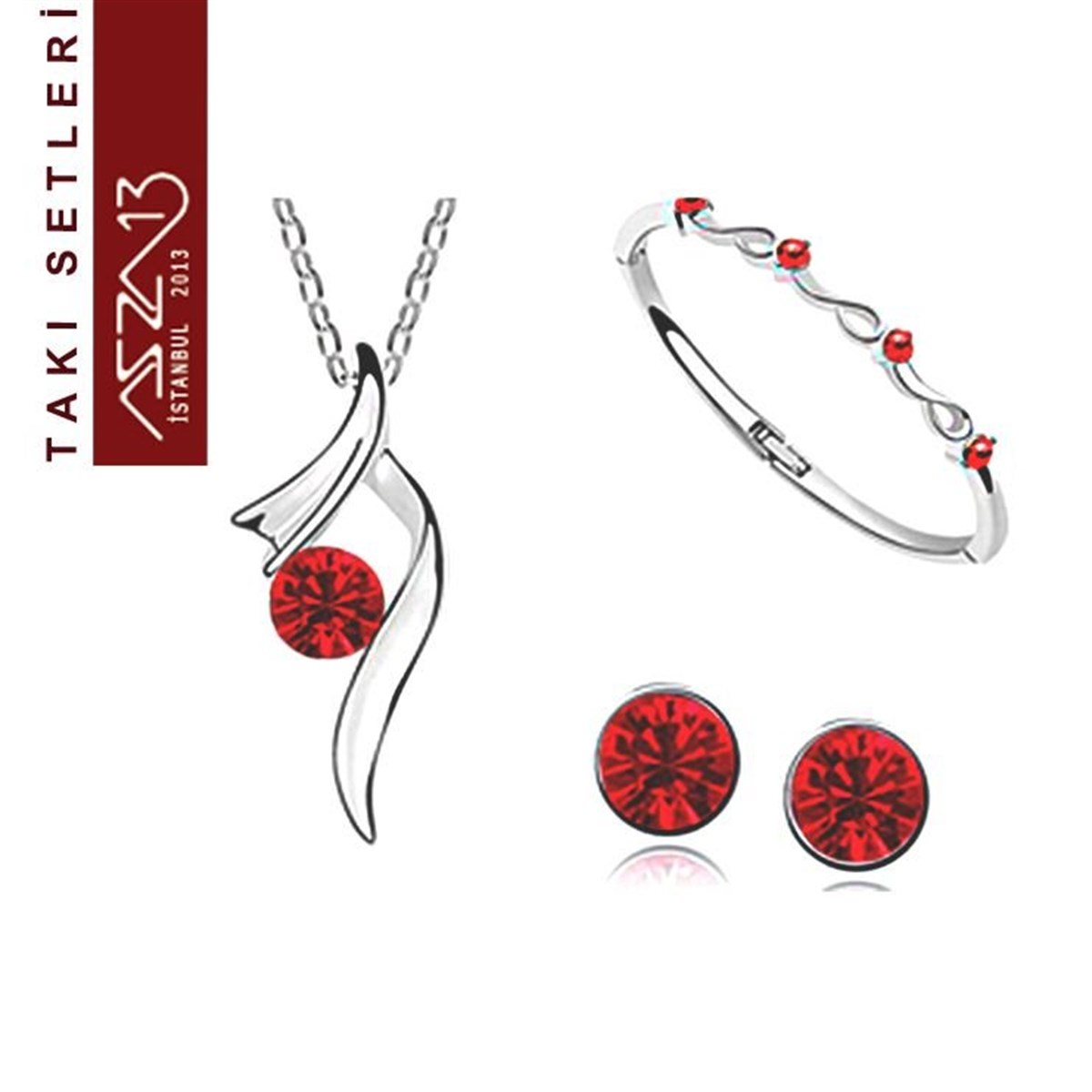 Takı SetiTAKIMarkasızSwarovski Siam Taşlı Kolye, Bileklik, Küpe Seti