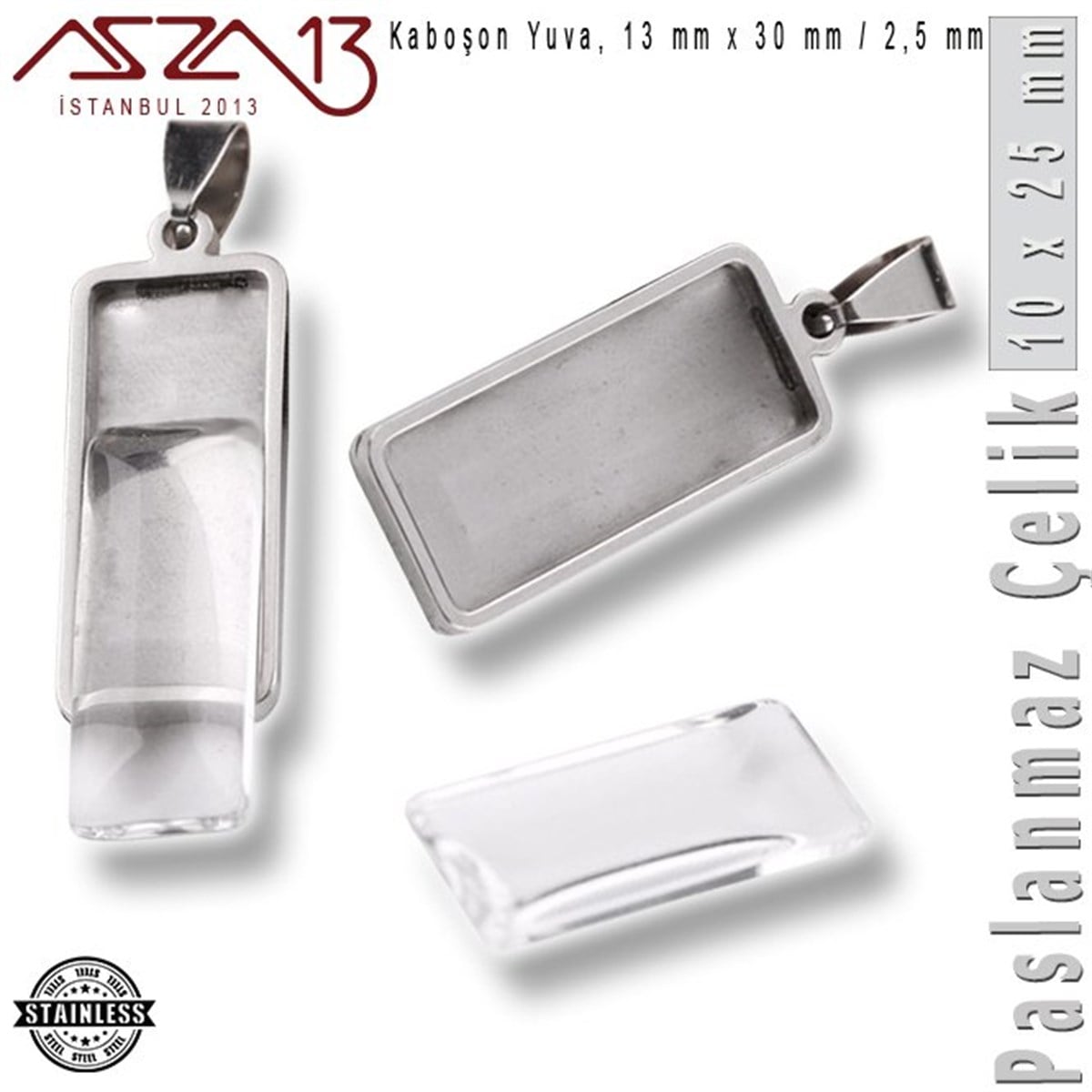 Taş Yuvaları, Montürler, Sıvama MalzemeleriTAKI MALZEMEMarkasız316L Çelik - 13x30 mm Kolye Klips'li - Şeffaf Kaboşon Cam Taş ve Yuva / 1 Adet