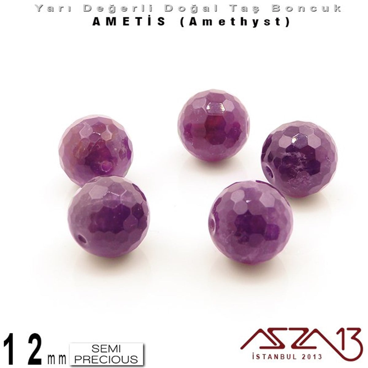Yarı Değerli  Doğal Taş BoncuklarBONCUK ve TAŞMarkasız12 mm - Yuvarlak - Geodezik Yüzey - Ametis (Amethyst) / 5 Adet
