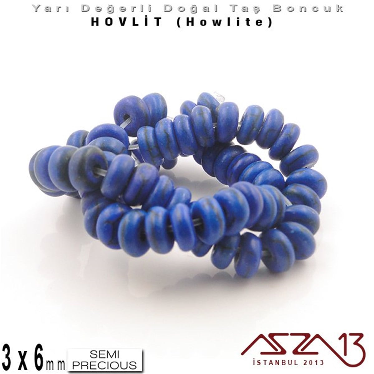 Yarı Değerli  Doğal Taş BoncuklarBONCUK ve TAŞMarkasız6 mm - Disk - Düz Yüzey - Koyu Mavi Hovlit (Howlite) Boncuk / 60 Adet