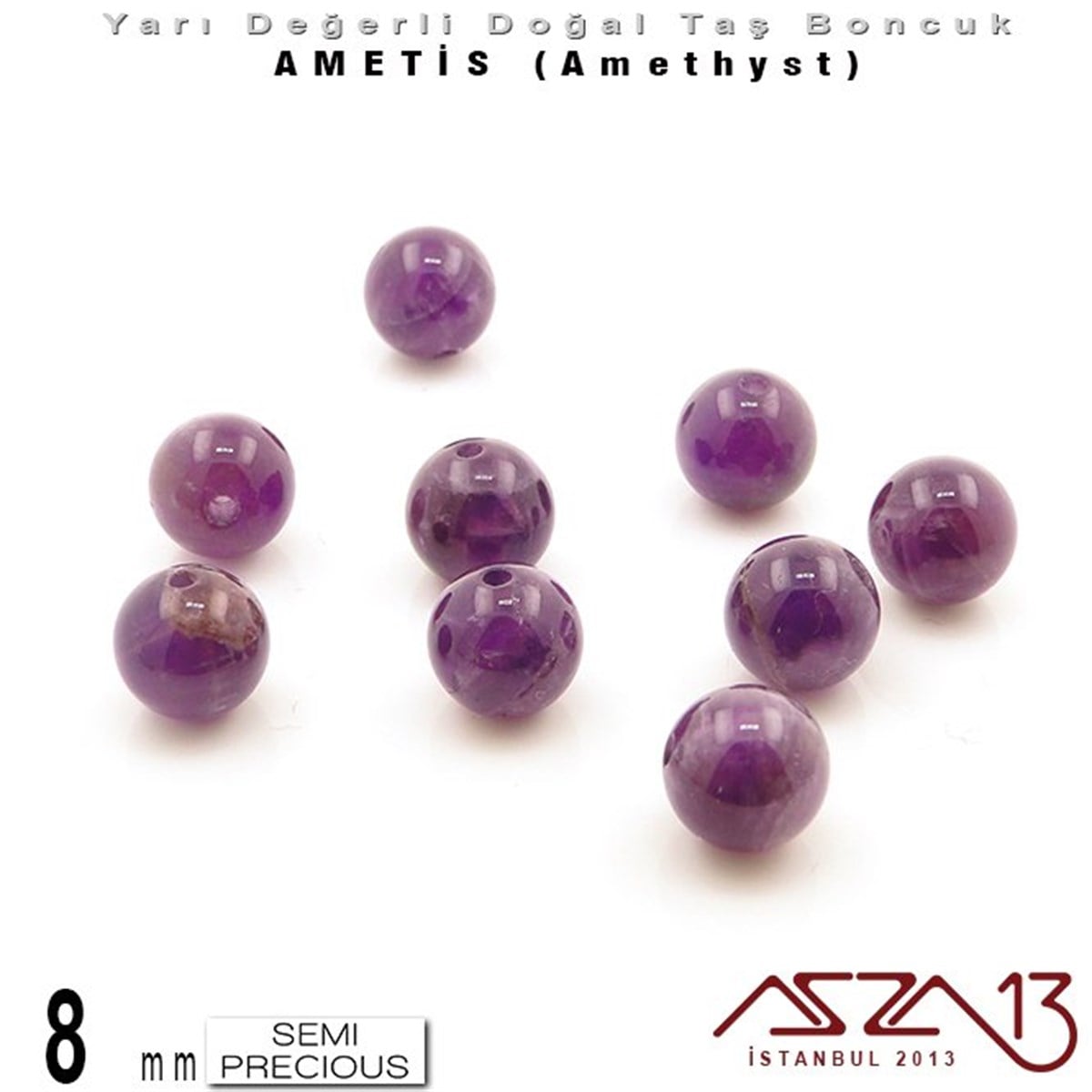 Yarı Değerli  Doğal Taş BoncuklarBONCUK ve TAŞMarkasız8 mm - Yuvarlak - Düz Yüzey - Ametis (Amethyst) / 9 Adet