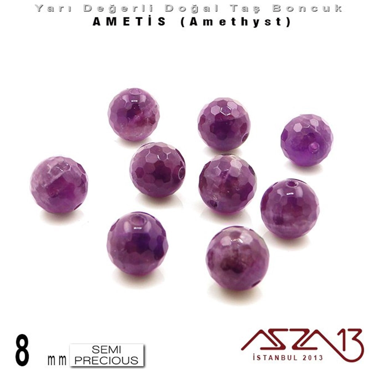 Yarı Değerli  Doğal Taş BoncuklarBONCUK ve TAŞMarkasız8 mm - Yuvarlak - Geodezik Yüzey - Ametis (Amethyst) / 9 Adet