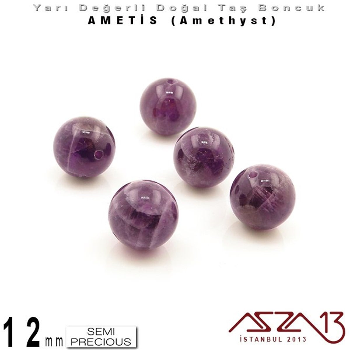 Yarı Değerli  Doğal Taş BoncuklarBONCUK ve TAŞMarkasız12 mm - Yuvarlak - Düz Yüzey - Ametis (Amethyst) / 5 Adet