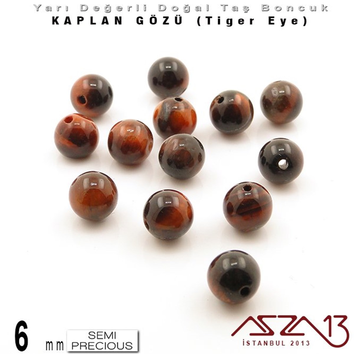Yarı Değerli Taş BoncuklarBONCUK ve TAŞMarkasız6 mm - Yuvarlak - Kızıl, Düz Yüzey - Kaplan Gözü (Tiger Eye) / 13 Adet