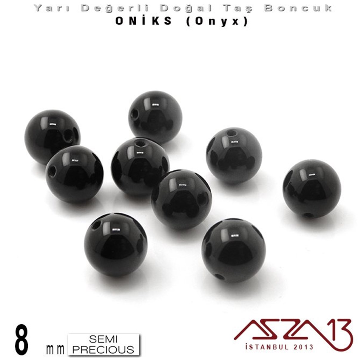 Yarı Değerli Taş BoncuklarBONCUK ve TAŞMarkasız8 mm - Yuvarlak, Parlak - Düz Yüzey - Oniks (Onyx) / 9 Adet