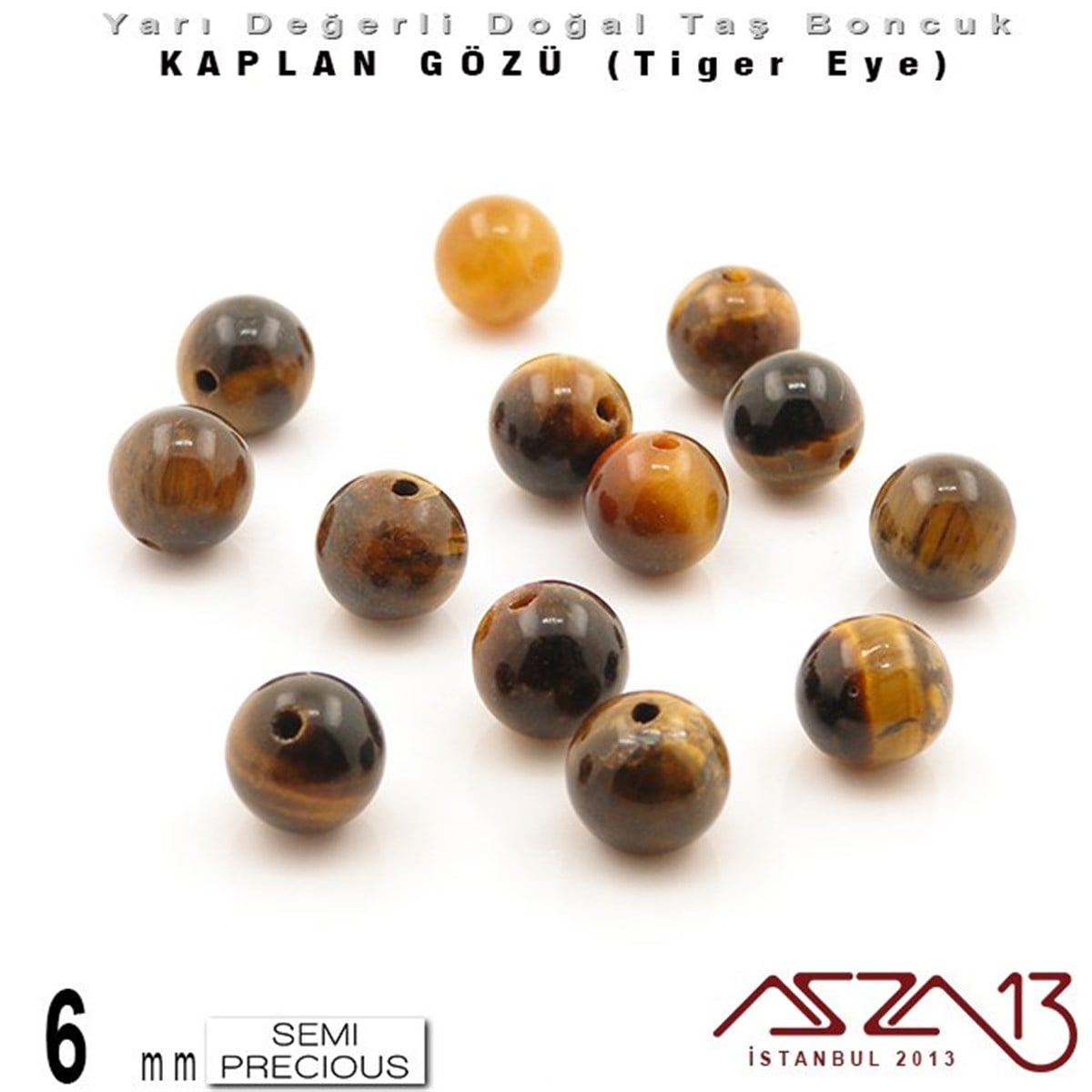 Yarı Değerli Taş BoncuklarBONCUK ve TAŞMarkasız6 mm - Yuvarlak - Kahve, Düz Yüzey - Kaplan Gözü (Tiger Eye) / 13 Adet