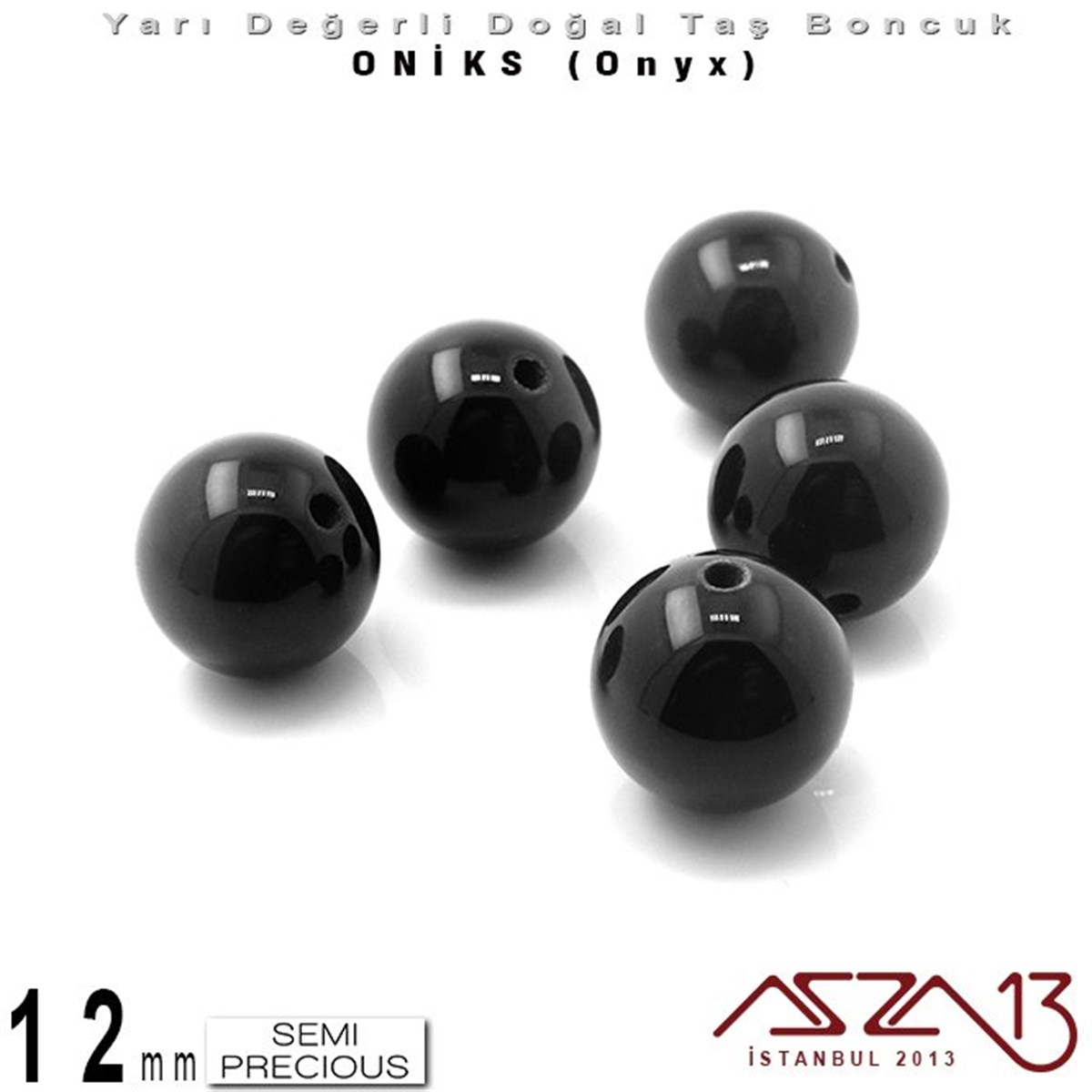 Yarı Değerli Taş BoncuklarBONCUK ve TAŞMarkasız12 mm - Yuvarlak, Parlak - Düz Yüzey - Oniks (Onyx) / 5 Adet