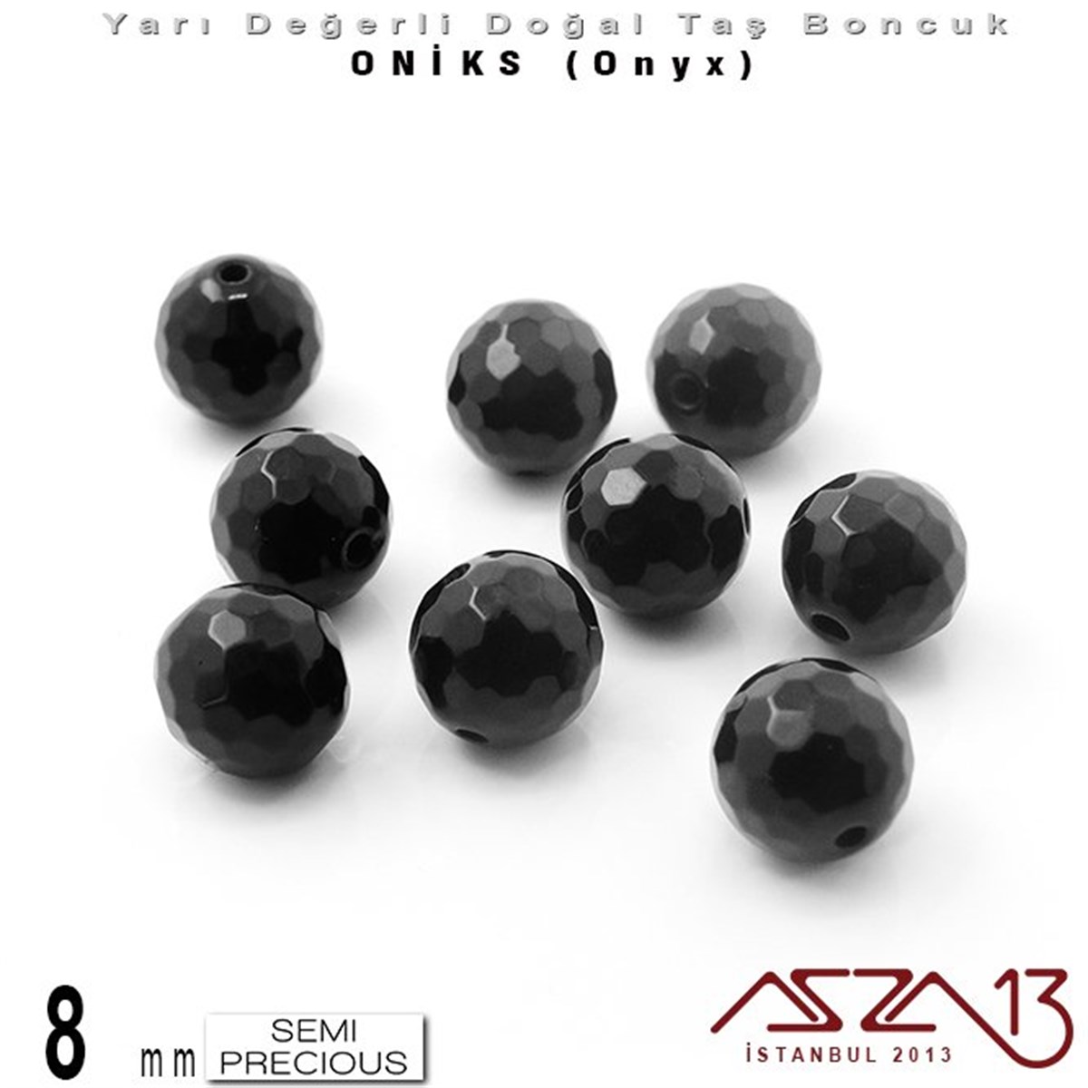 Yarı Değerli Taş BoncuklarBONCUK ve TAŞMarkasız8 mm - Yuvarlak, Parlak - Geodezik Yüzey - Oniks (Onyx) / 9 Adet