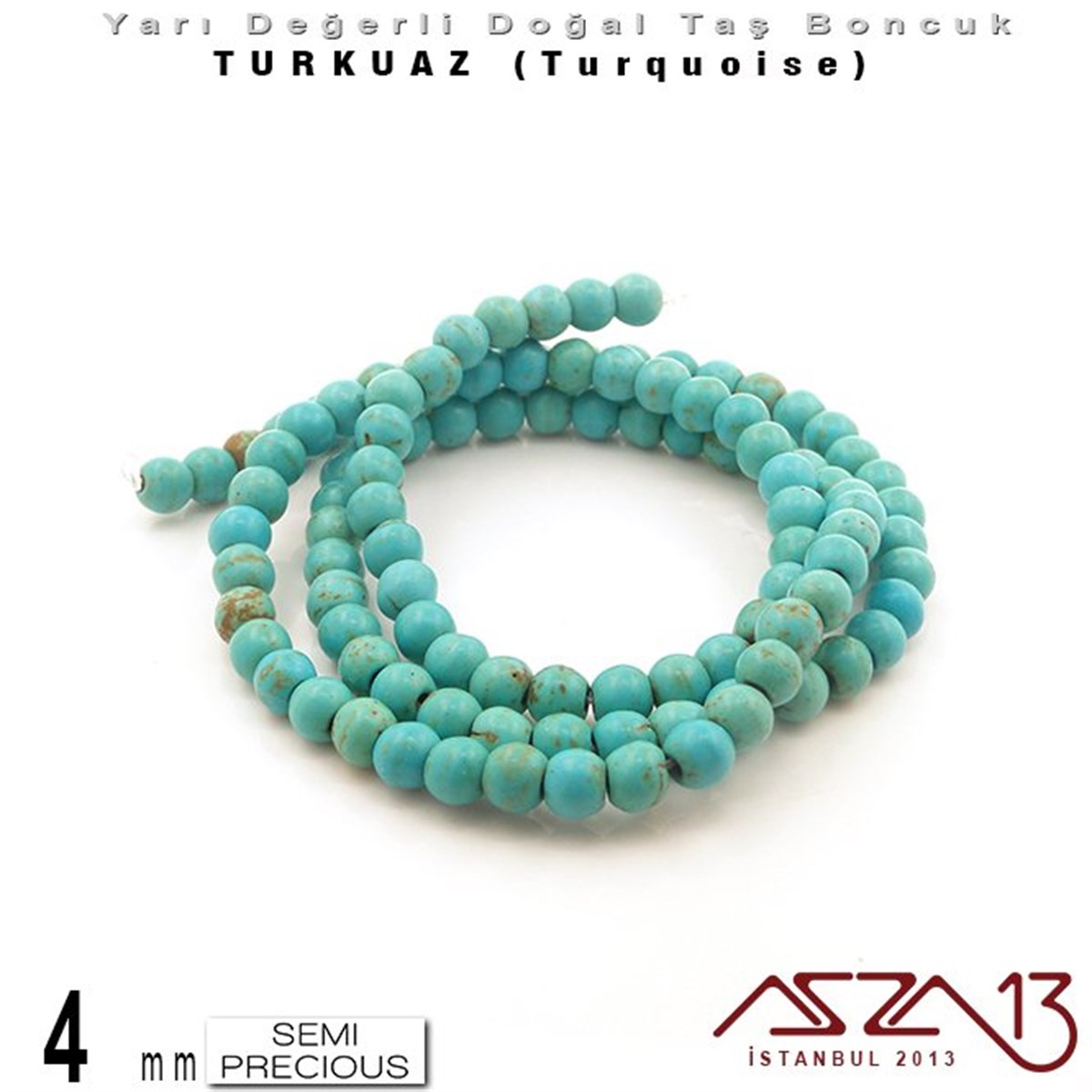 Yarı Değerli Taş BoncuklarBONCUK ve TAŞMarkasız4 mm - Yuvarlak - Düz Yüzey - Mavi Turkuaz (Turquoise) / 111 Adet