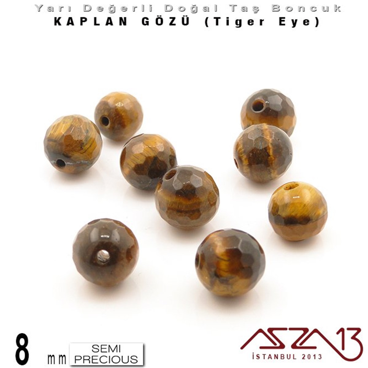 Yarı Değerli Taş BoncuklarBONCUK ve TAŞMarkasız8 mm - Yuvarlak - Kahve, Geodezik Yüzey - Kaplan Gözü (Tiger Eye) / 9 Adet