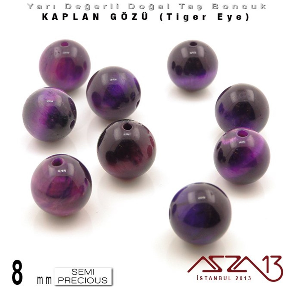 Yarı Değerli Taş BoncuklarBONCUK ve TAŞMarkasız8 mm - Yuvarlak - Mor, Düz Yüzey - Kaplan Gözü (Tiger Eye) / 9 Adet