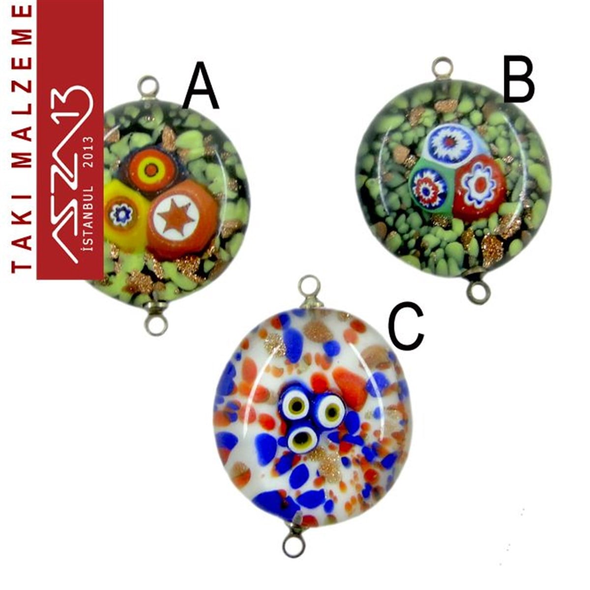 Yarı Mamul Takı MalzemeleriTAKI MALZEMEMarkasızYuvarlak 23 mm Desenli Çift Kulplu Cam Ara Malzeme / Paket İçeriği 1 Adet