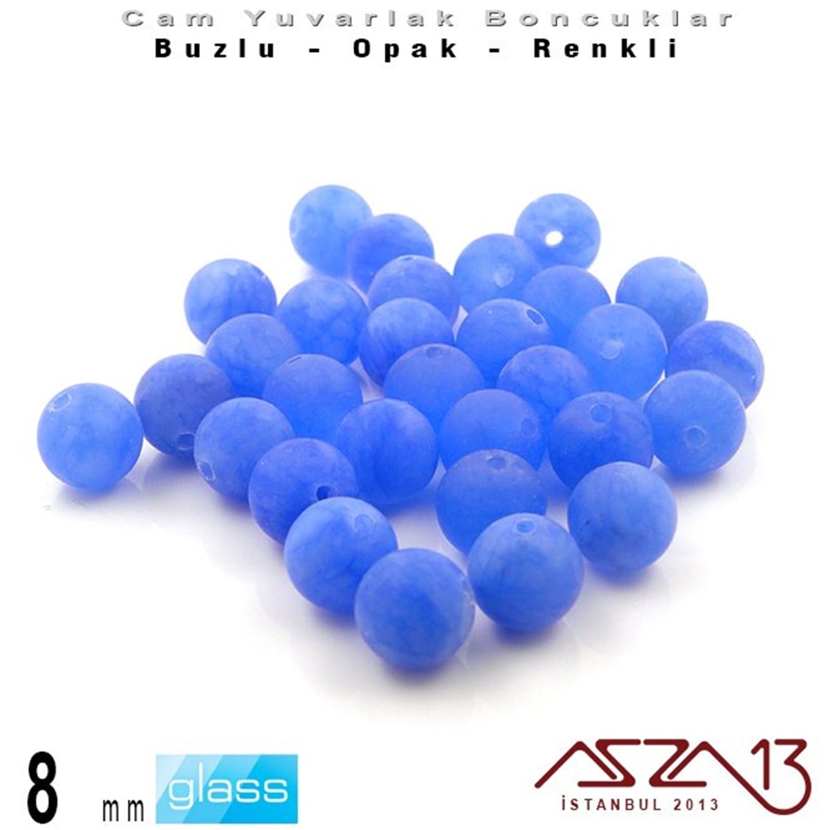 Yuvarlak Cam BoncuklarBONCUK ve TAŞMarkasızYuvarlak - 8 mm - Neon Gök Mavi - Opak - Buzlu Yüzey - Cam Boncuk / 30 Adet