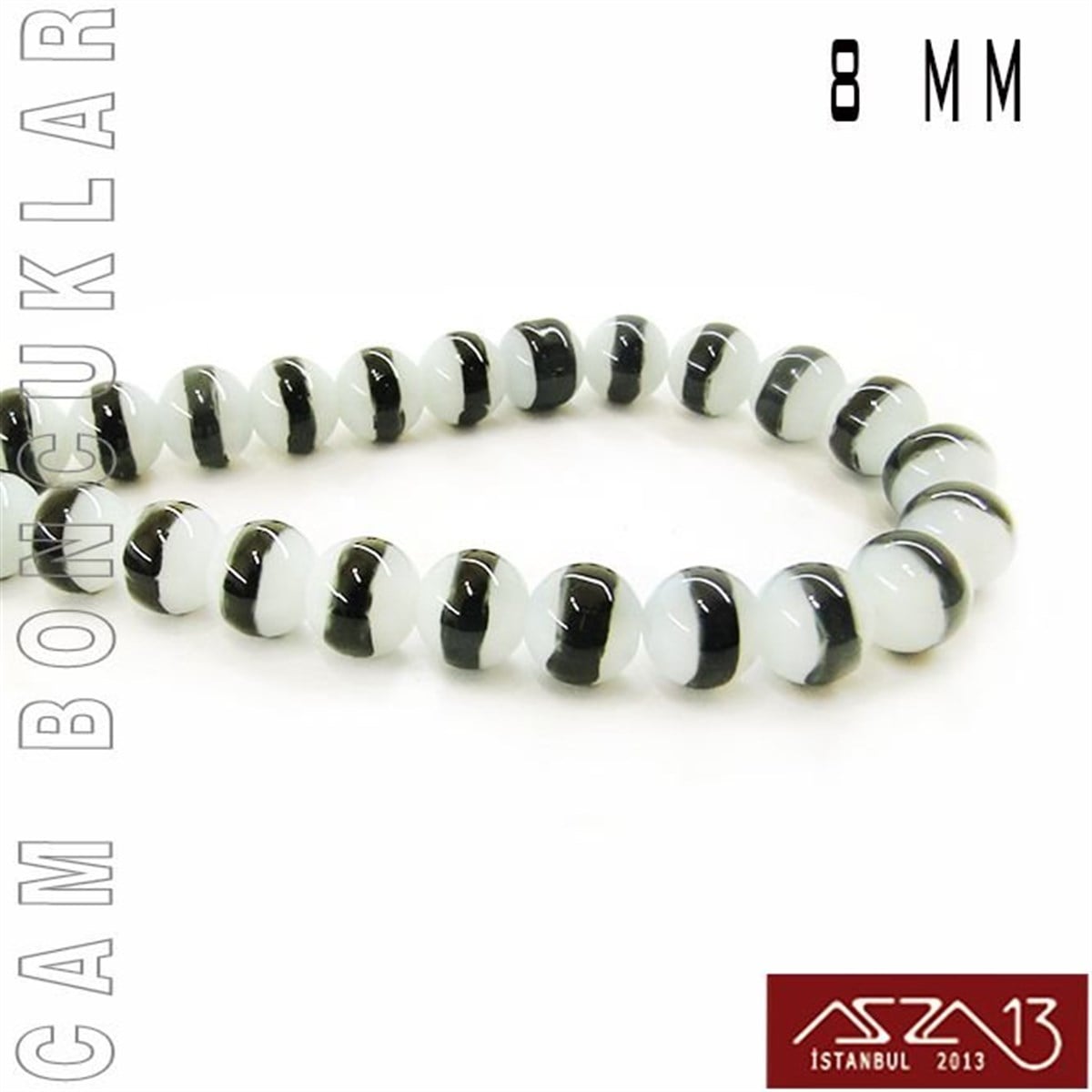 Yuvarlak Cam BoncuklarBONCUK ve TAŞMarkasızYuvarlak 8 mm, Siyah Halkalı Beyaz Cam Boncuk / Paket İçeriği 50 Adet