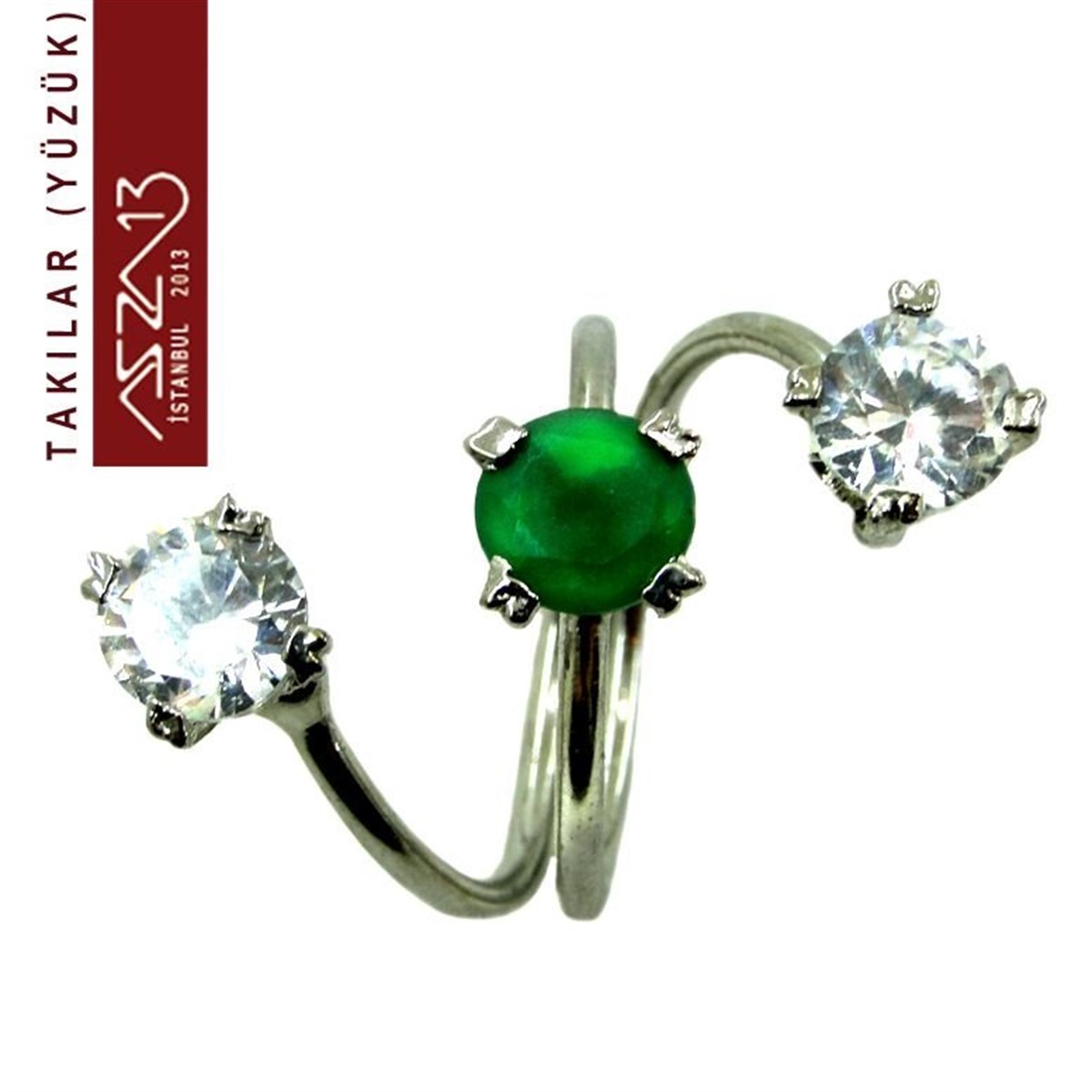 YüzükTAKIMarkasızEmerald ve Zirkon Üç Taşlı Çelik Yüzük