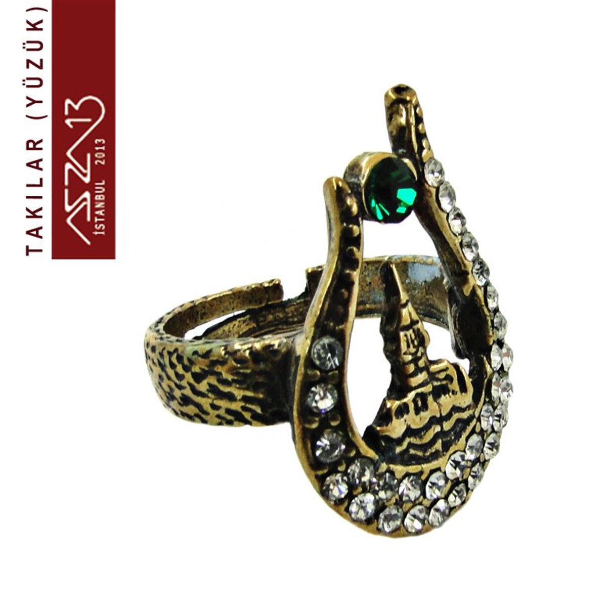 YüzükTAKIMarkasızKız Kulesi Figürlü, Emerald Taşlı Antik Pirinç Yüzük