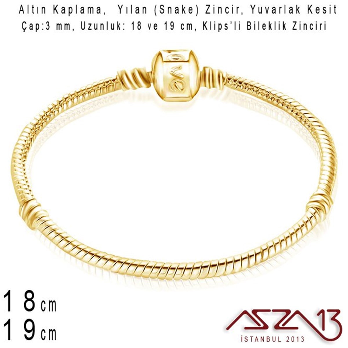 Zincir BilekliklerTAKI MALZEMEMarkasızAltın Kaplama 18 ve 19 cm - 3,0 mm Pirinç Yuvarlak Yılan Tip, Klipsli Bileklik Zinciri