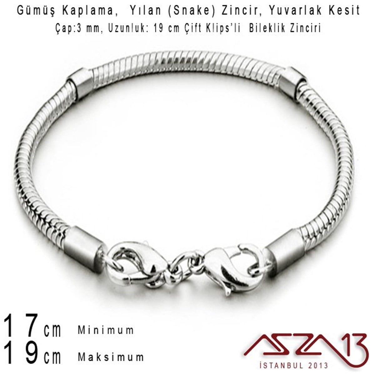 Zincir BilekliklerTAKI MALZEMEMarkasızGümüş Kaplama 19 cm - 3,0 mm Pirinç Yuvarlak Yılan Tip, Çift Klipsli Bileklik Zinciri