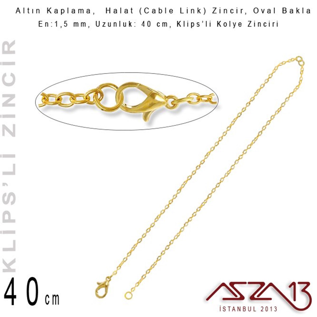 Zincir KolyelerTAKI MALZEMEMarkasızAltın  Kaplama 40 cm - 1,5 mm Pirinç Halat Tip, Klipsli Ortası Açık Kolye Zinciri