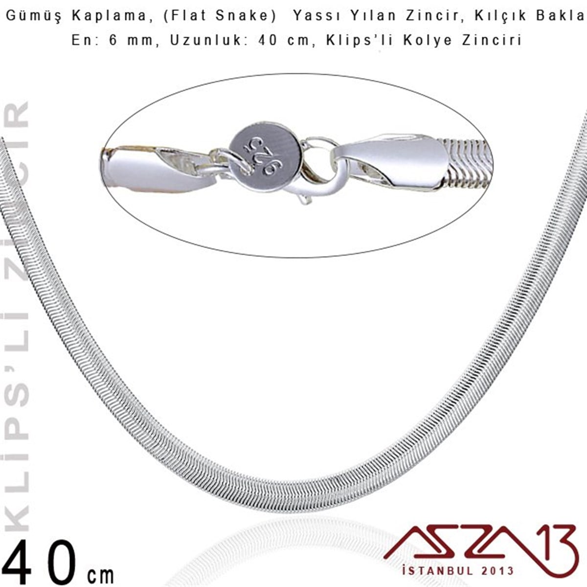Zincir KolyelerTAKI MALZEMEMarkasızGümüş Kaplama 40 cm - 6 mm Pirinç Yassı Yuvarlak Yılan, Klipsli Kolye Zinciri