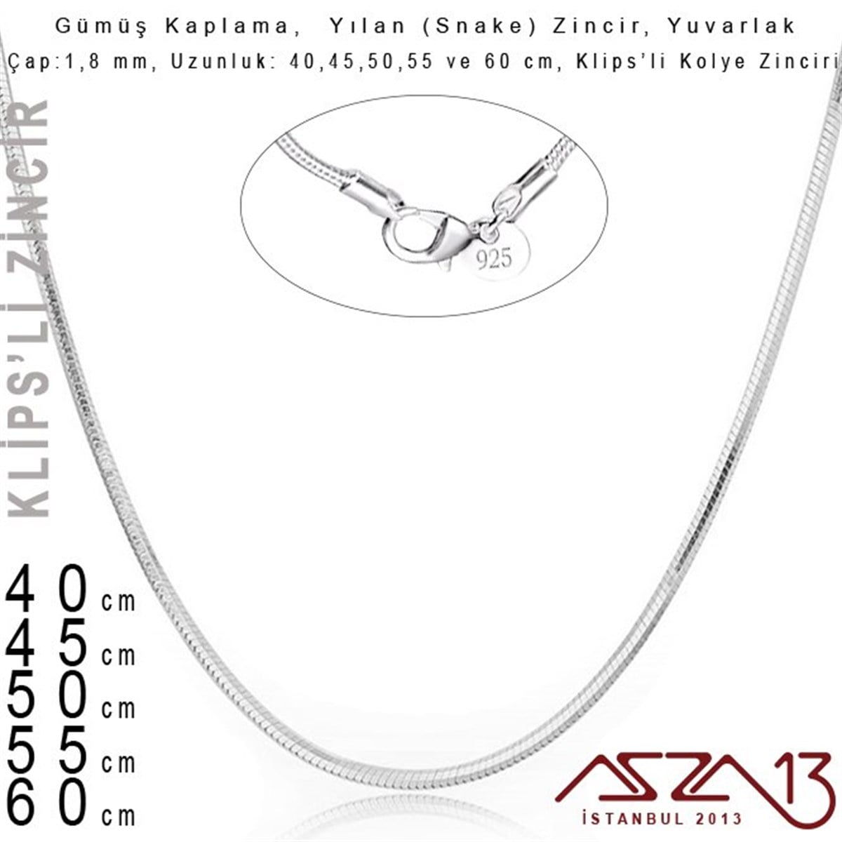 Zincir KolyelerTAKI MALZEMEMarkasızGümüş Kaplama 40 cm - 1,8 mm Pirinç Yılan Tip, Klipsli Kolye Zinciri