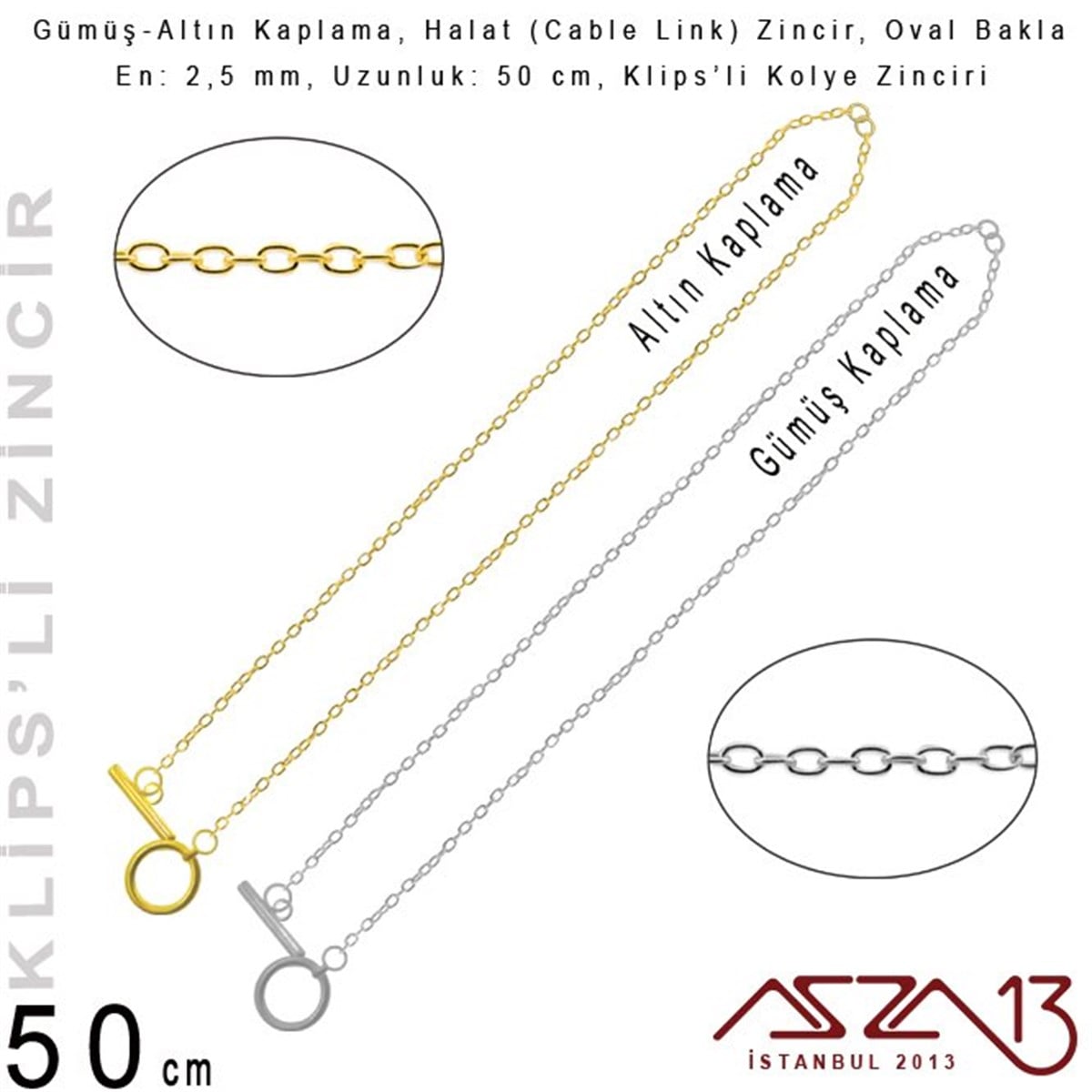 Zincir KolyelerTAKI MALZEMEMarkasızGümüş ve Altın  Kaplama 50 cm - 2,5 mm Pirinç Halat Tip, Klipsli Kolye Zinciri