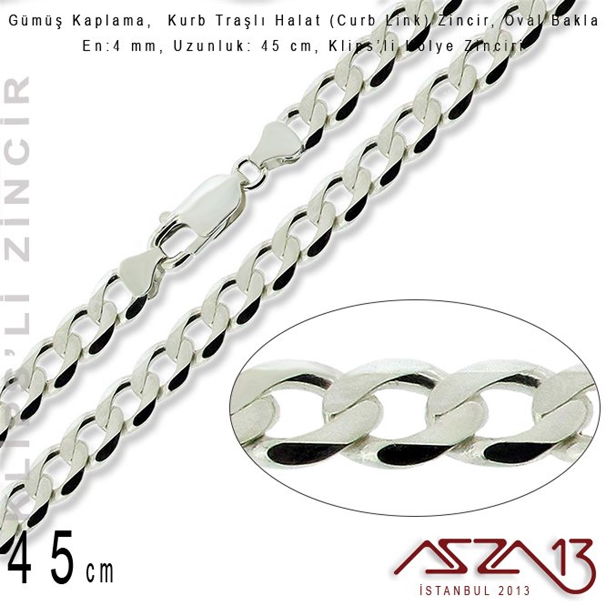Zincir KolyelerTAKI MALZEMEMarkasızGümüş Kaplama 45 cm - 4,0 mm Pirinç Traşlı Halat Tip, Klipsli Kolye Zinciri