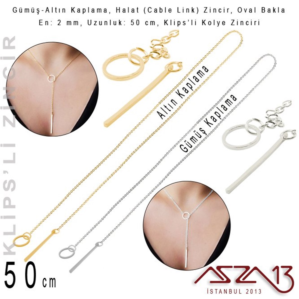 Zincir KolyelerTAKI MALZEMEMarkasızGümüş ve Altın  Kaplama 50 cm - 2,0 mm Pirinç Halat Tip, Klipsli Kolye Zinciri
