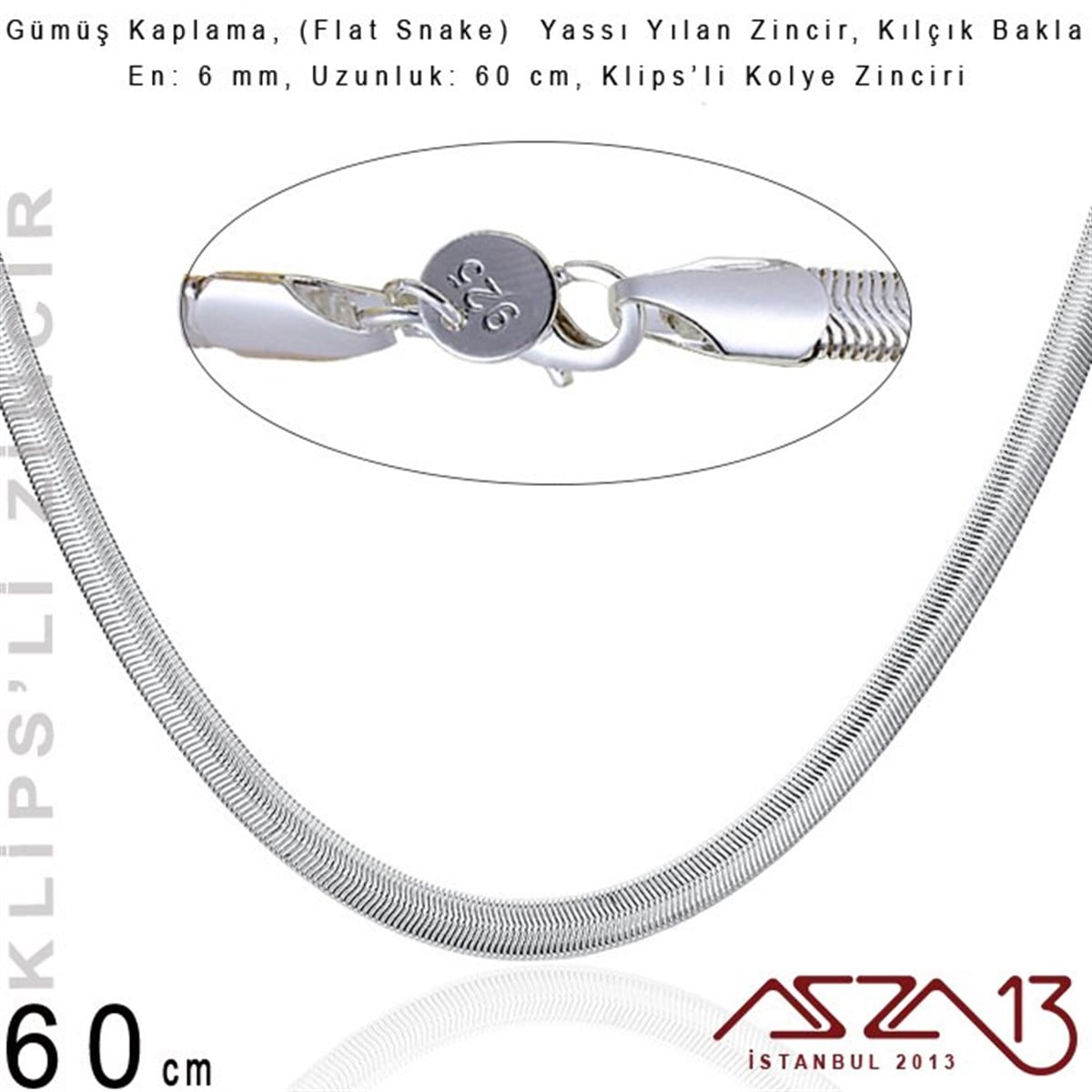 Zincir KolyelerTAKI MALZEMEMarkasızGümüş Kaplama 60 cm - 6 mm Pirinç Yassı Yuvarlak Yılan, Klipsli Kolye Zinciri