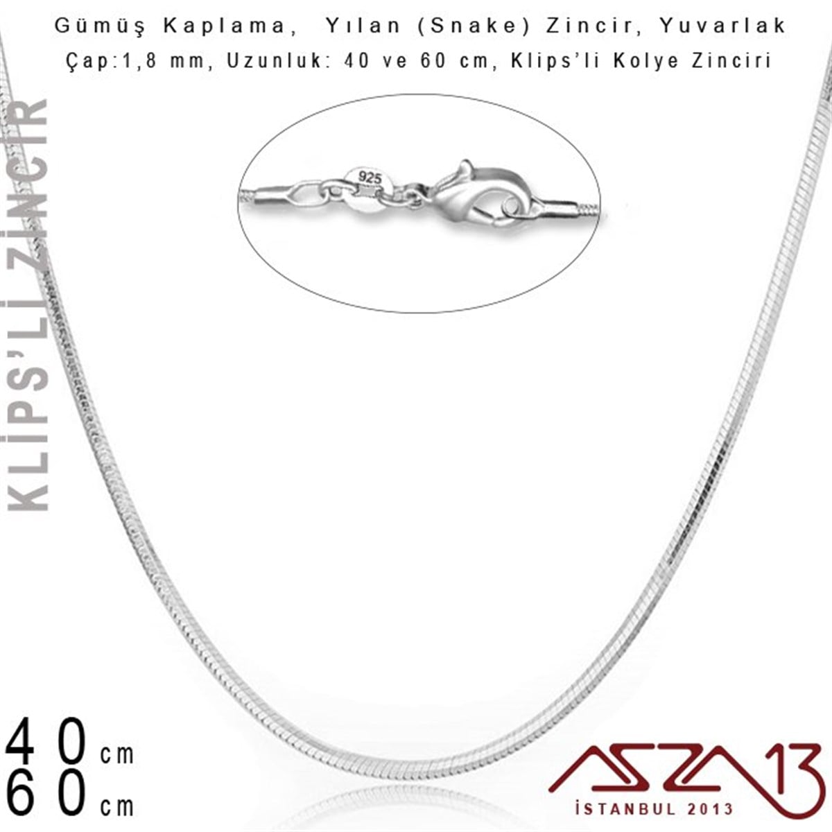 Zincir KolyelerTAKI MALZEMEMarkasızGümüş Kaplama 40 cm - 1,8 mm Pirinç Yılan Tip, Klipsli Kolye Zinciri