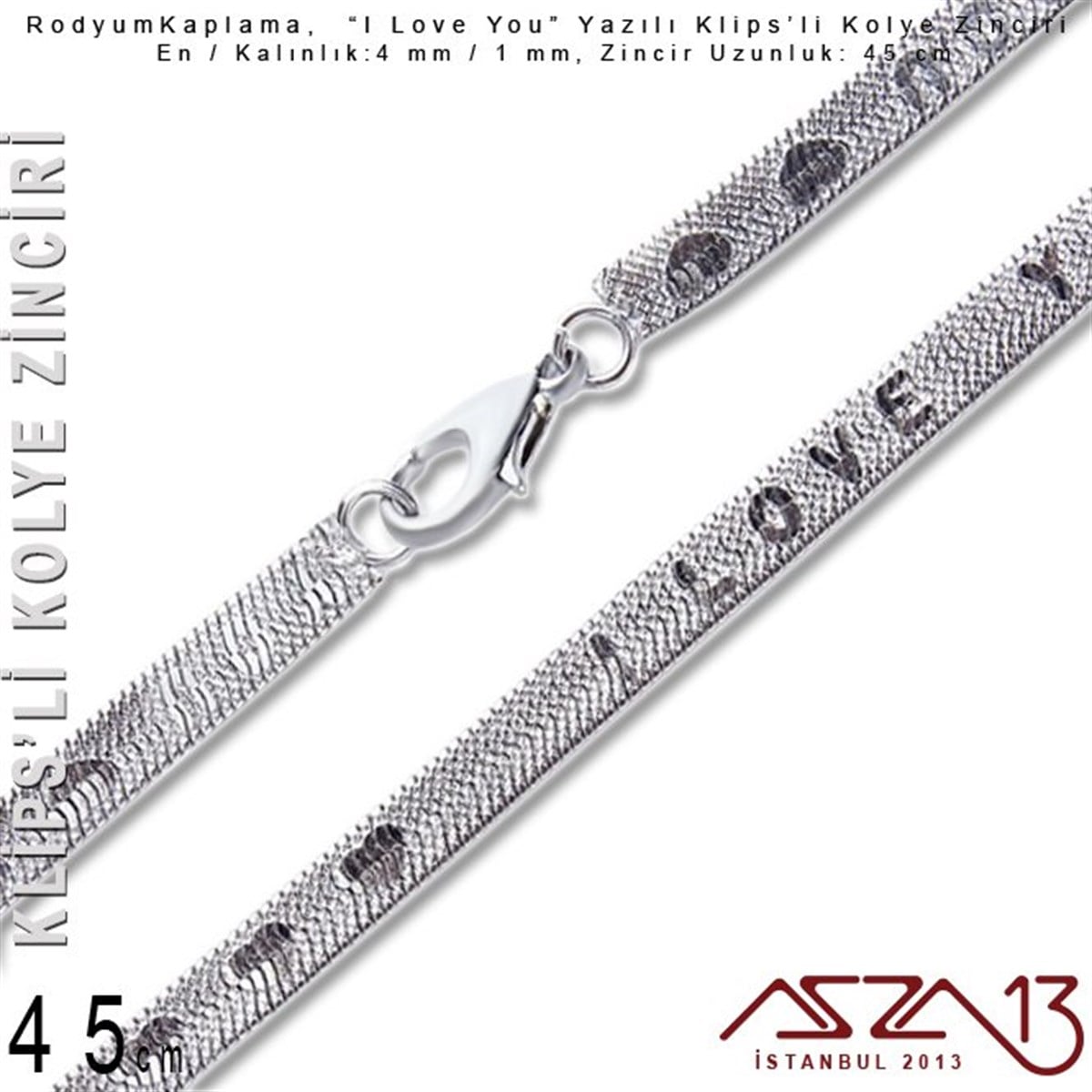 Zincir KolyelerTAKI MALZEMEMarkasızRodyum Kaplama 45 cm - 1x4 mm Pirinç Yassı Yılan Tip - ''I Love You'' Klipsli Kolye Zinciri
