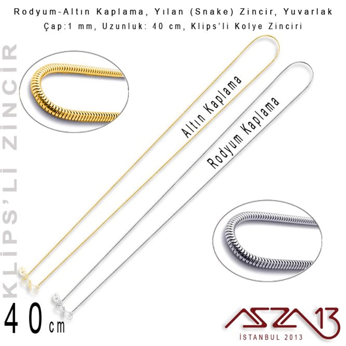 Zincir KolyelerTAKI MALZEMEMarkasızRodyum ve Altın  Kaplama 40 cm - 1,0 mm Pirinç Yılan Tip, Klipsli Kolye Zinciri