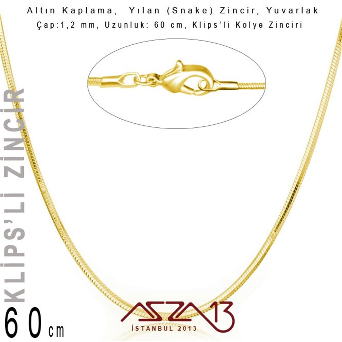 Zincirler, Metal Kaplamalı TellerTAKI MALZEMEMarkasızAltın Kaplama 60 cm - 1,2 mm Pirinç Yuvarlak Yılan Kolye Zinciri / Paket İçeriği 1 Adet