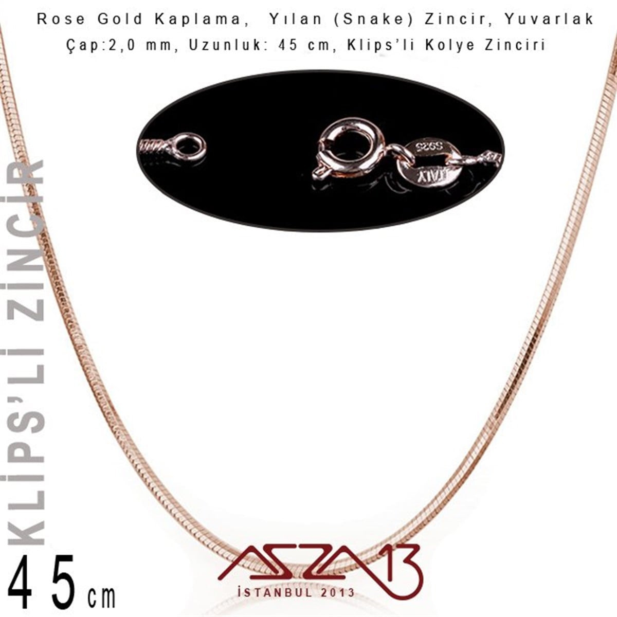 Zincirler, Metal Kaplamalı TellerTAKI MALZEMEMarkasızRose Altın Kaplama 45 cm - 2 mm Pirinç Yuvarlak Yılan Kolye Zinciri / Paket İçeriği 1 Adet