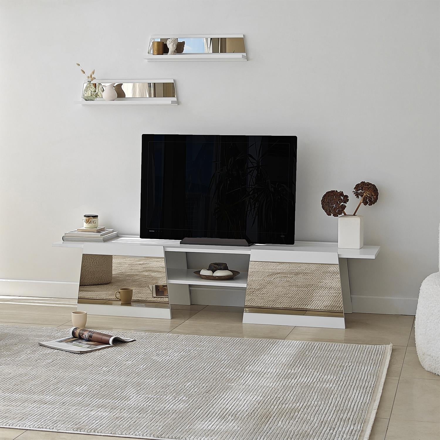 NEOstill - Queen Tv Sehpası 180cm Beyaz-Bronz Ayna