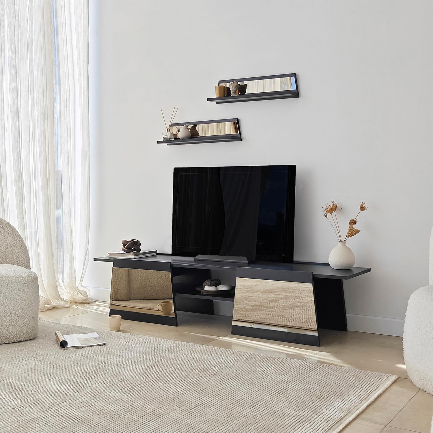 NEOstill - Queen Tv Sehpası 180cm Siyah-Bronz Ayna