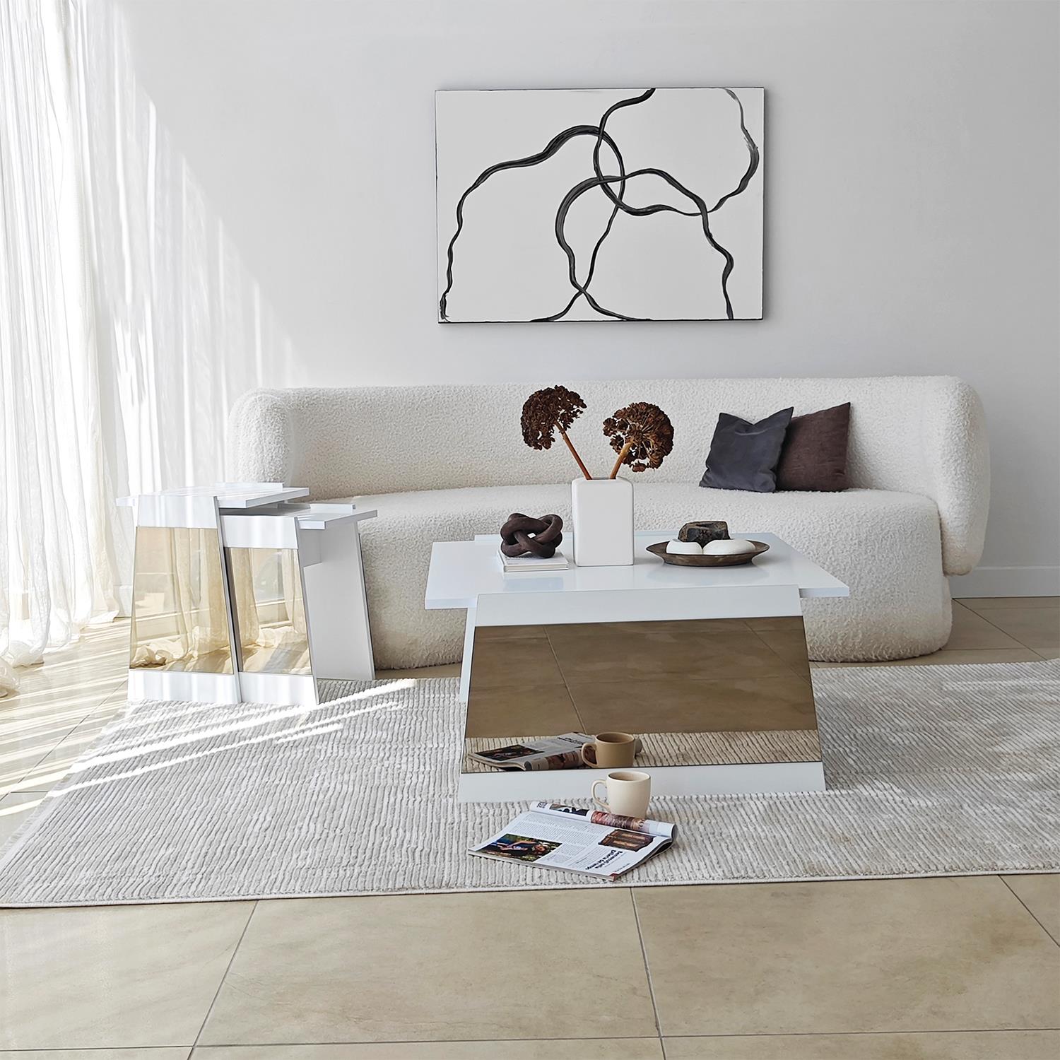 NEOstill - Queen Orta Sehpa Seti Beyaz-Bronz Ayna