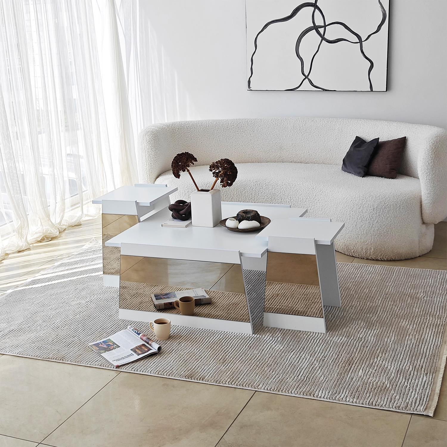 NEOstill - Queen Orta Sehpa Seti Beyaz-Bronz Ayna