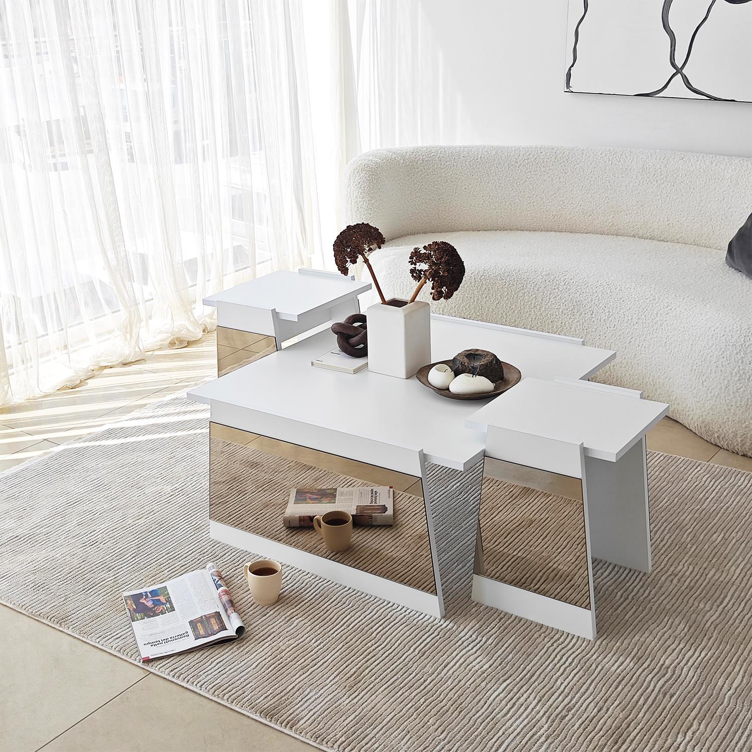 NEOstill - Queen Orta Sehpa Seti Beyaz-Bronz Ayna