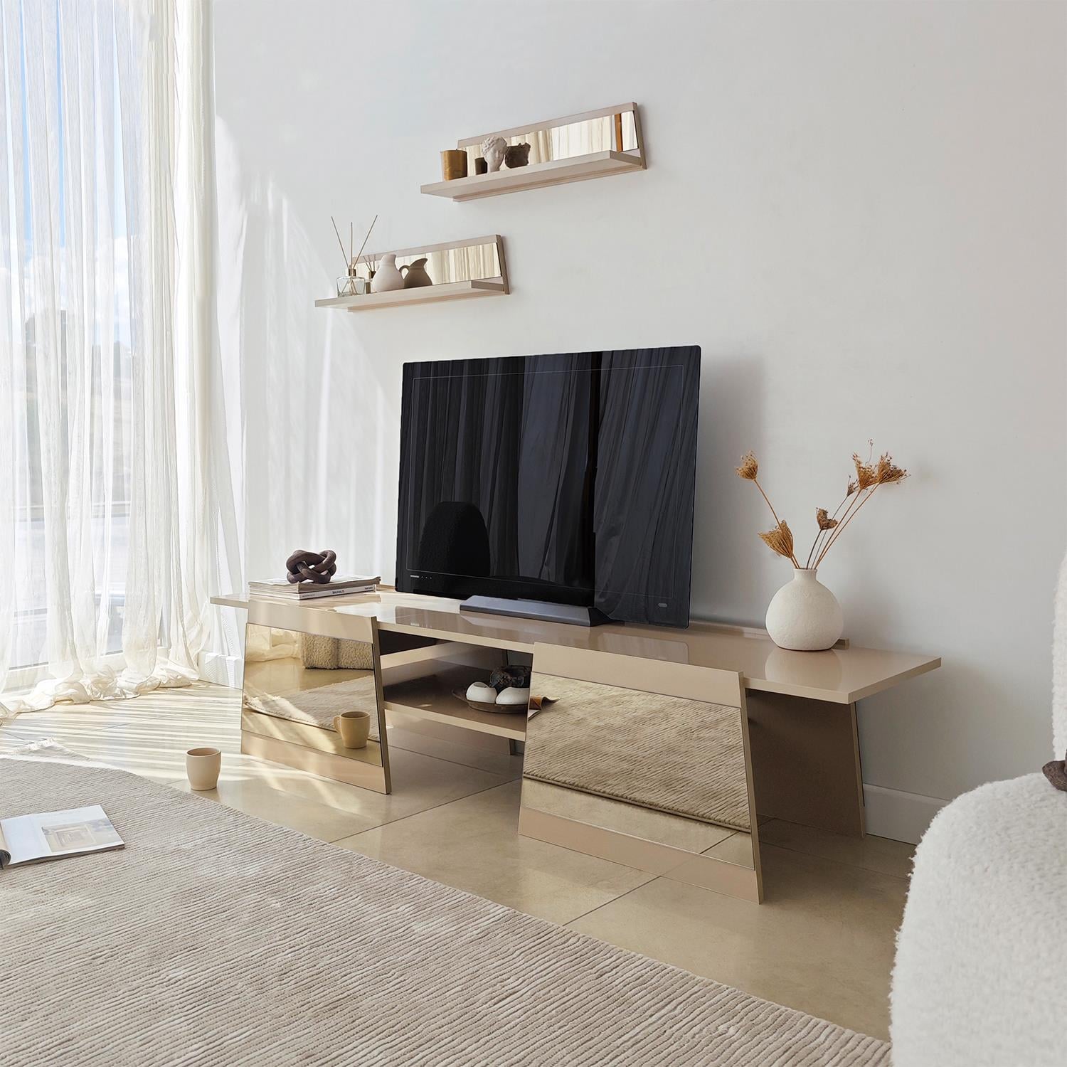 NEOstill - Queen Tv Sehpası 180cm Bej-Bronz Ayna