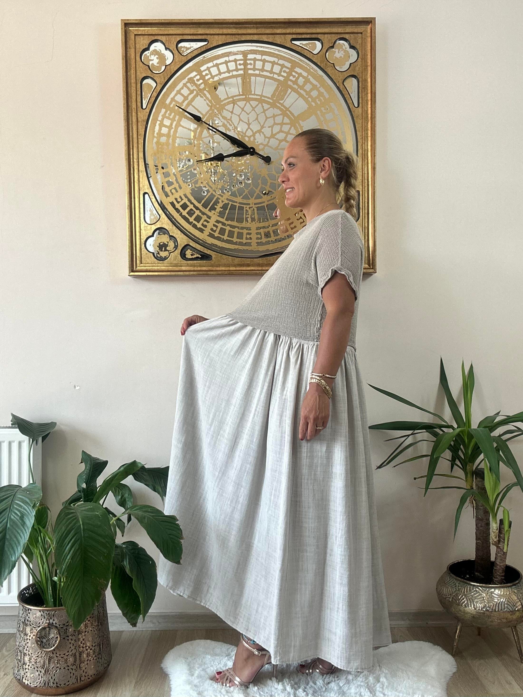 342 İtalyan Pamuk Keten Elbise Bej